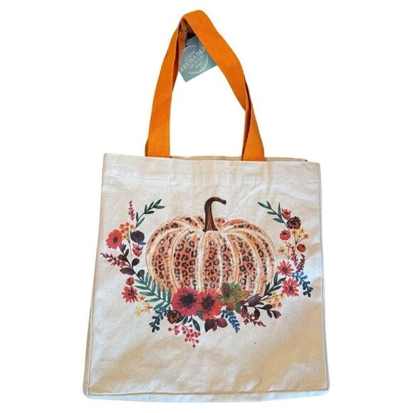Fall Harvest Cheetah Pumpkin 100% Cotton Reusable Bag NWT - Picture 1 of 10